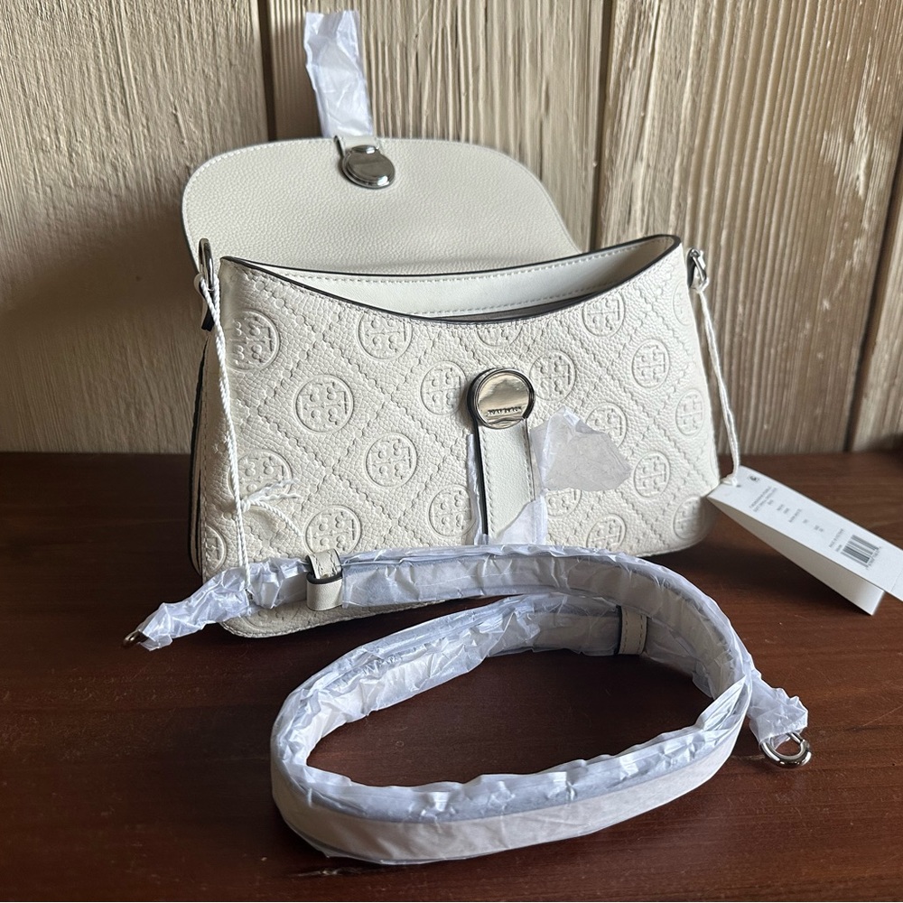 NWT Tory Burch Small T Monogram Pebble Leather Shoulder Bag Warm White MSRP $395 - Picture 5 of 9